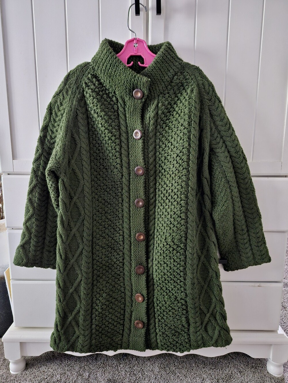 Vintage Handmade in Scotland Wool Olive Green Chunky Knit Button-Up Sweater M/L